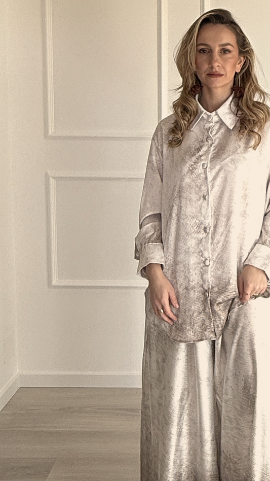 Conjunto mujer  Satinado  Camisa + Pantalón Palazzo modelo Love